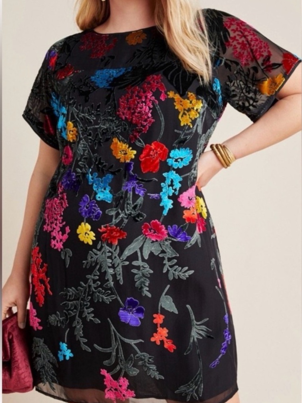 Maeve Anthropologie Black Mini Dress with Bright Multicolor velvet